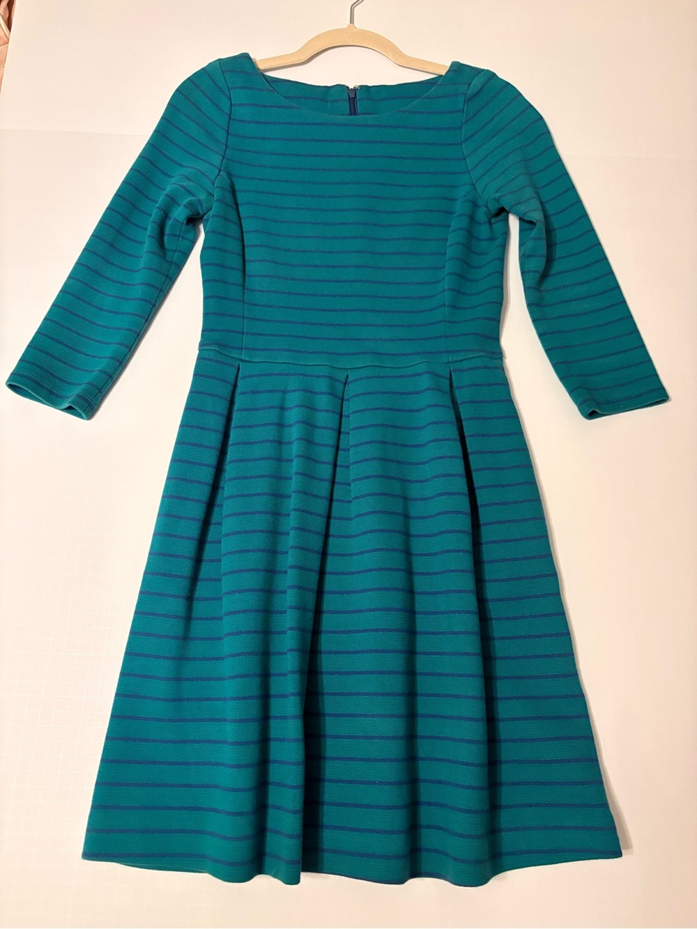 Kacey Montoya’s Closet| Banana Republic Teal and Navy Stripe Fit-and-Flare Dress